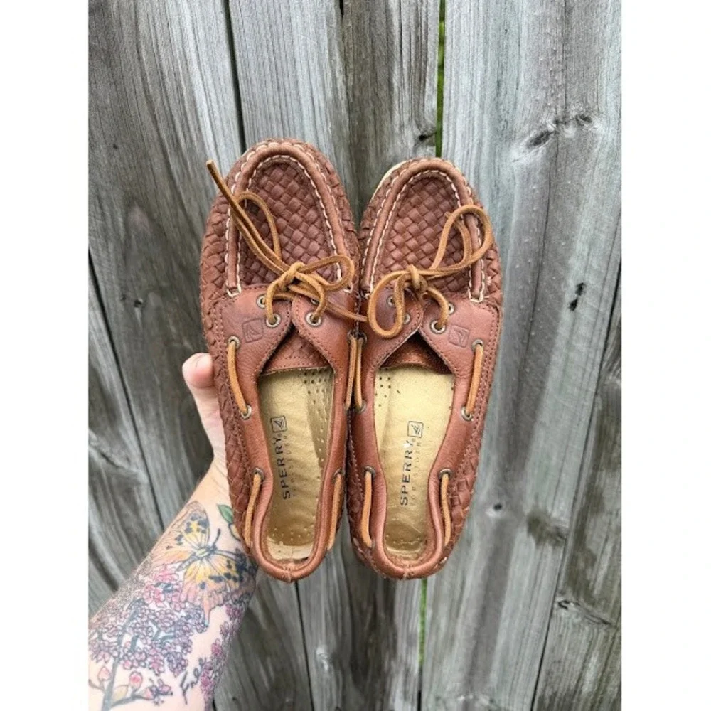 Coastal Preppy Sperry Top-Sider Boat Shoes 7.5 Brown Woven Leather Loafers